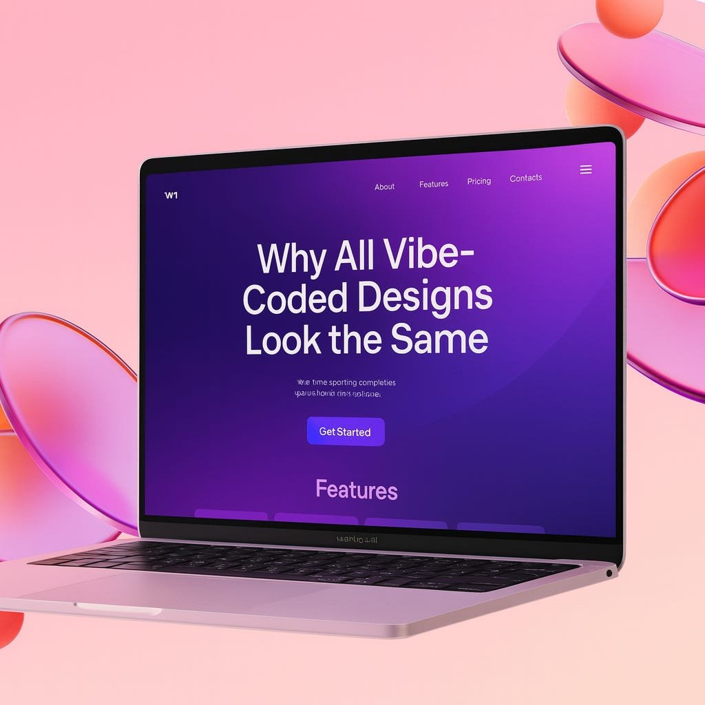 Article cover: a laptop on a pink background showing a generic purple-gradient landing page headlined “Why All Vibe-Coded Designs Look the Same.”